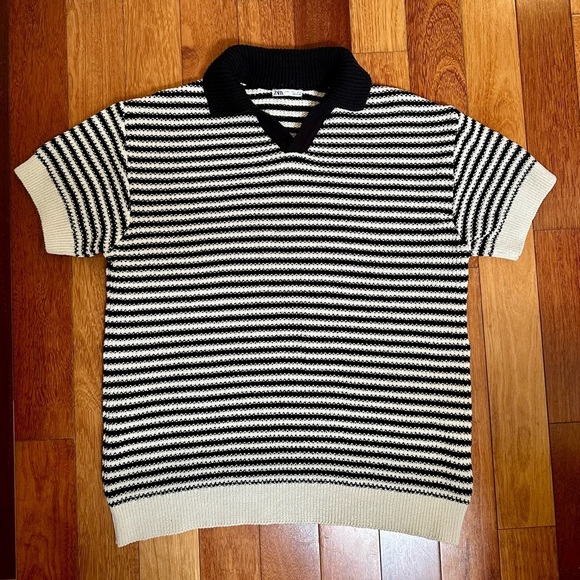 ZARA | Crochet striped knit polo with a polo collar and short sleeves size L - Picture 4 of 5